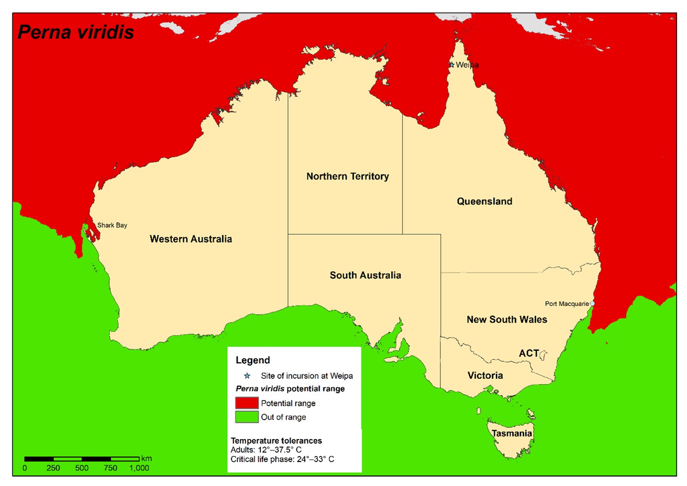 <p><strong>Map of maximum potential range of <em>Perna viridis</em>, indicating areas of potential suitability (areas depicted in red) and areas of potential unsuitability (areas depicted in green).</strong></p>

<p>&nbsp;</p>
